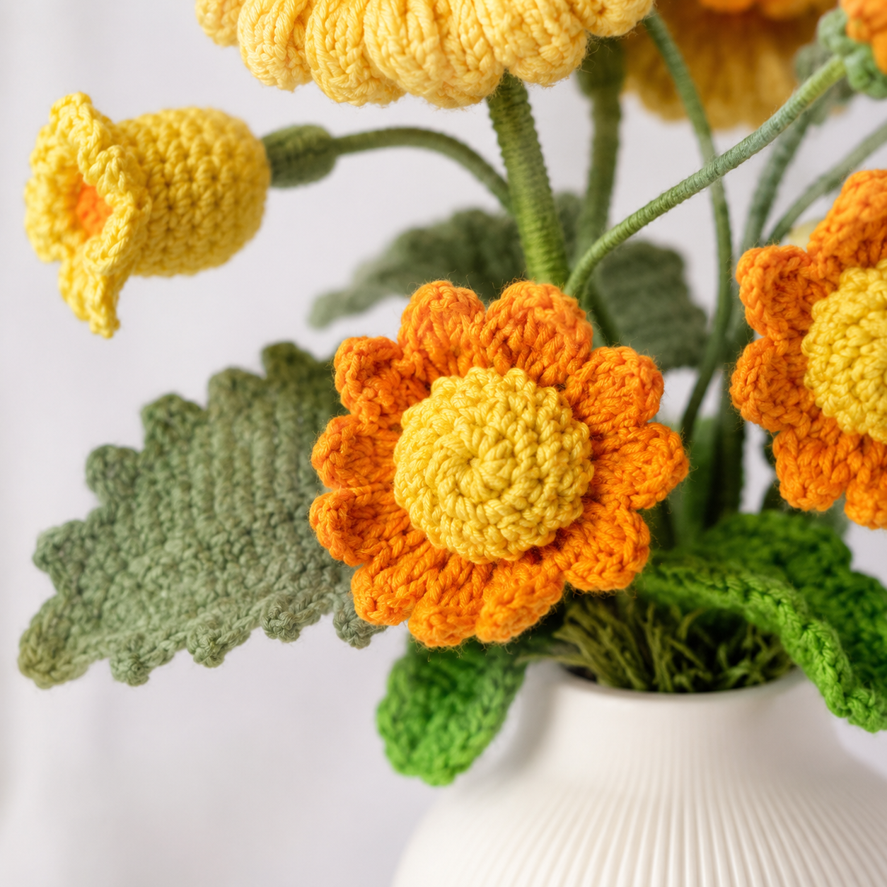 Hand-knitted sunflower and orchid bouquet vase decoration | Knitted sunflower and flower arrangement | Cute home decoration, desk center decoration, gift for women