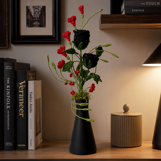 Hand-knitted black rose flowers | Elegant knitted bouquet home decoration | Modern Gothic style artificial knitted flower center decoration, suitable for living room, office and gift