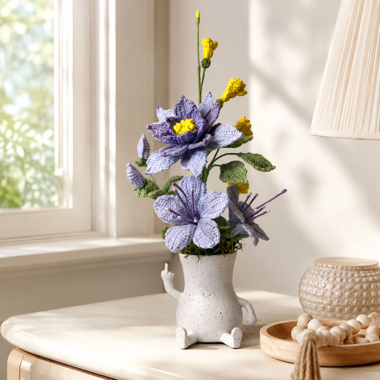 Handmade crocheted purple flower arrangement in a lovely resin "givin-you-the-bird" figurine vase | crocheted flower arrangement home decoration | unique dining table centerpiece decoration gift