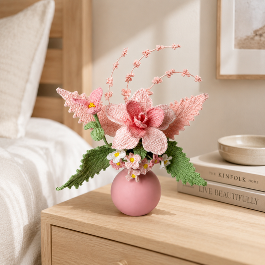 Handmade Crochet Flower Arrangement in Vase | Pink Artistic Knitted Floral Bouquet Decor | Home Table Centerpiece, Bedroom & Living Room Aesthetic Decoration | Unique Handmade Gift for Women