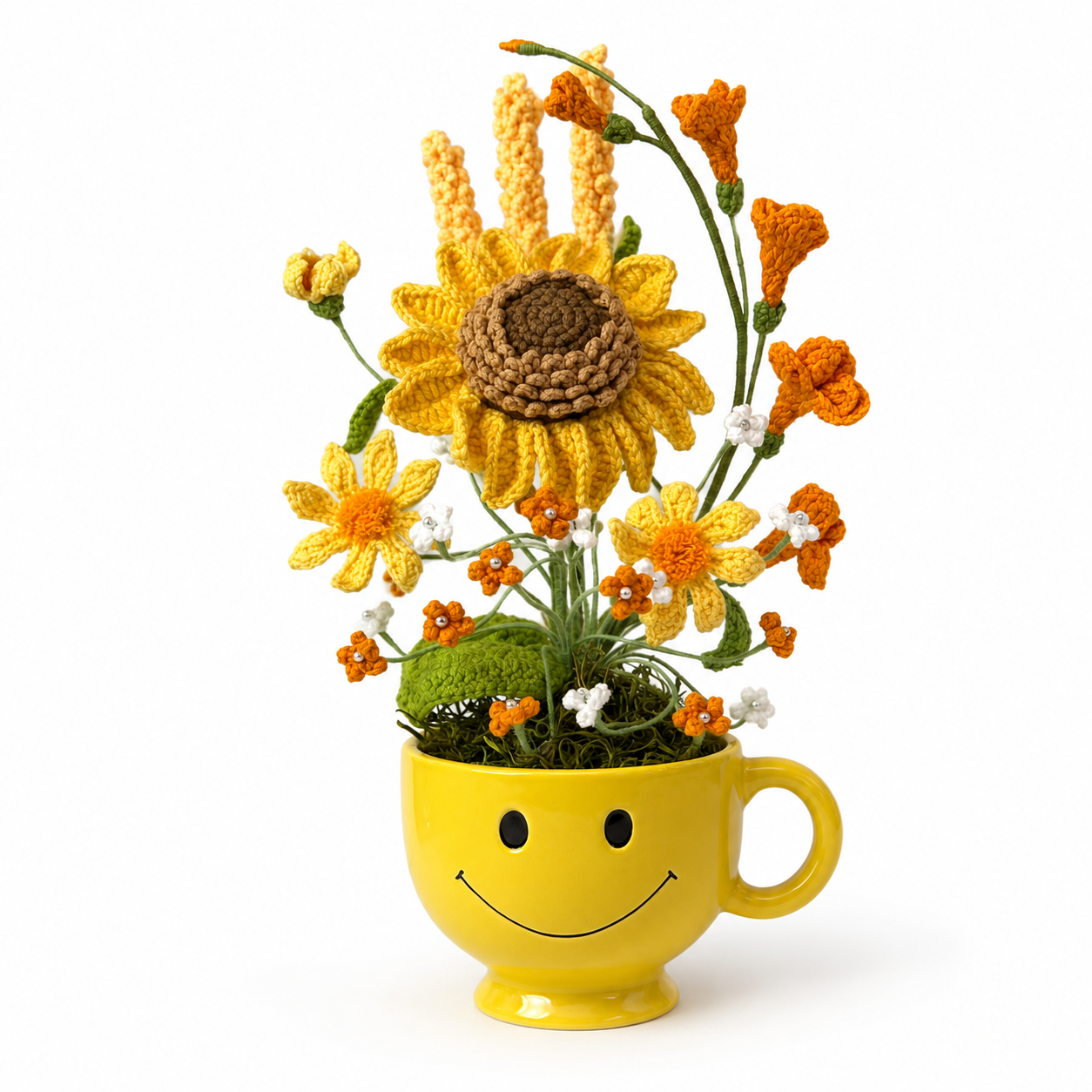 Handmade Crochet Flower Mug Planter Decor – Cute Smiley Ceramic Cup with Knitted Sunflower Bouquet – Home Desk, Office & Living Room Aesthetic Floral Arrangement Gift
