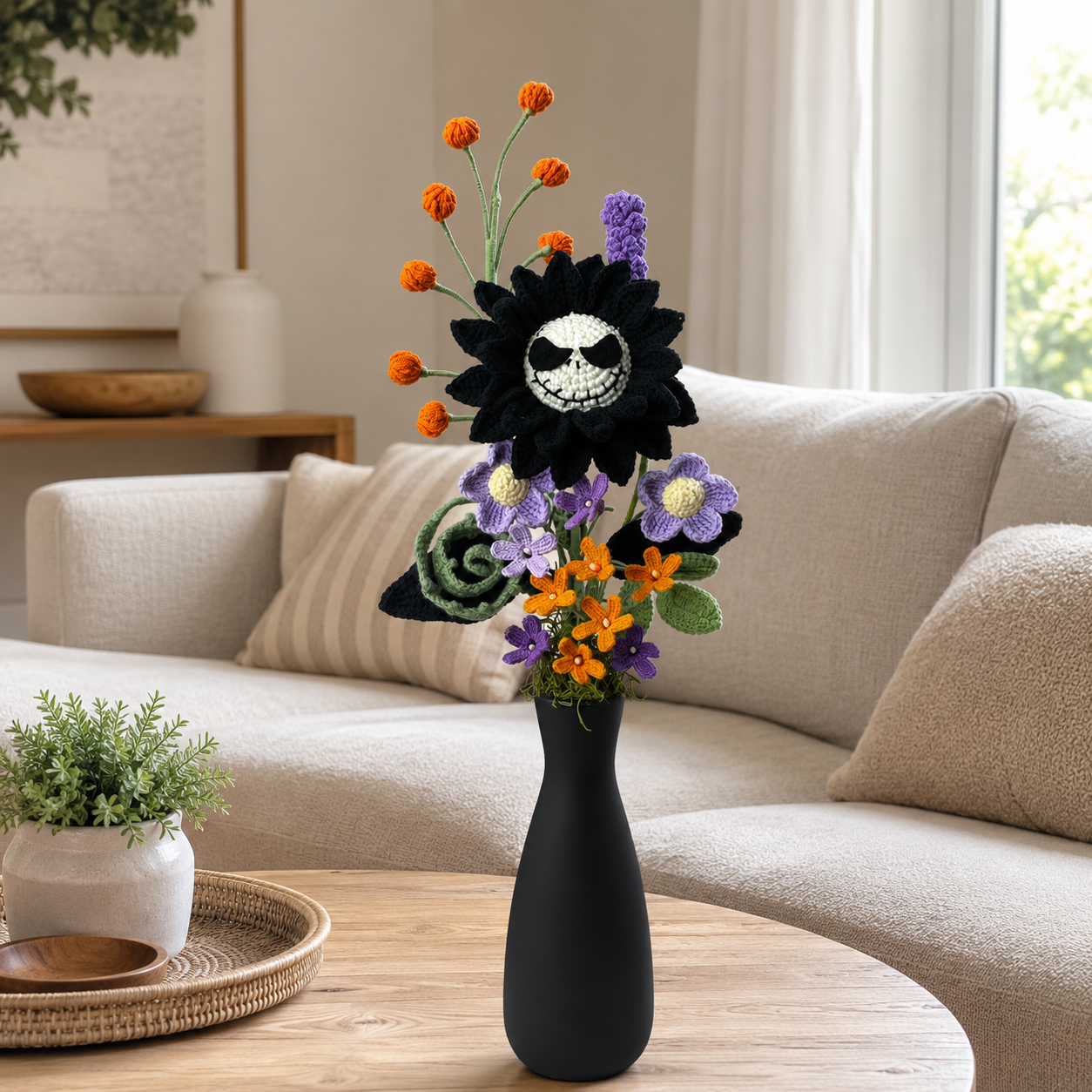 Handmade Crochet Skull Flower Arrangement in Black Vase | Gothic Halloween Home Decor | Unique Amigurumi Floral Centerpiece Gift