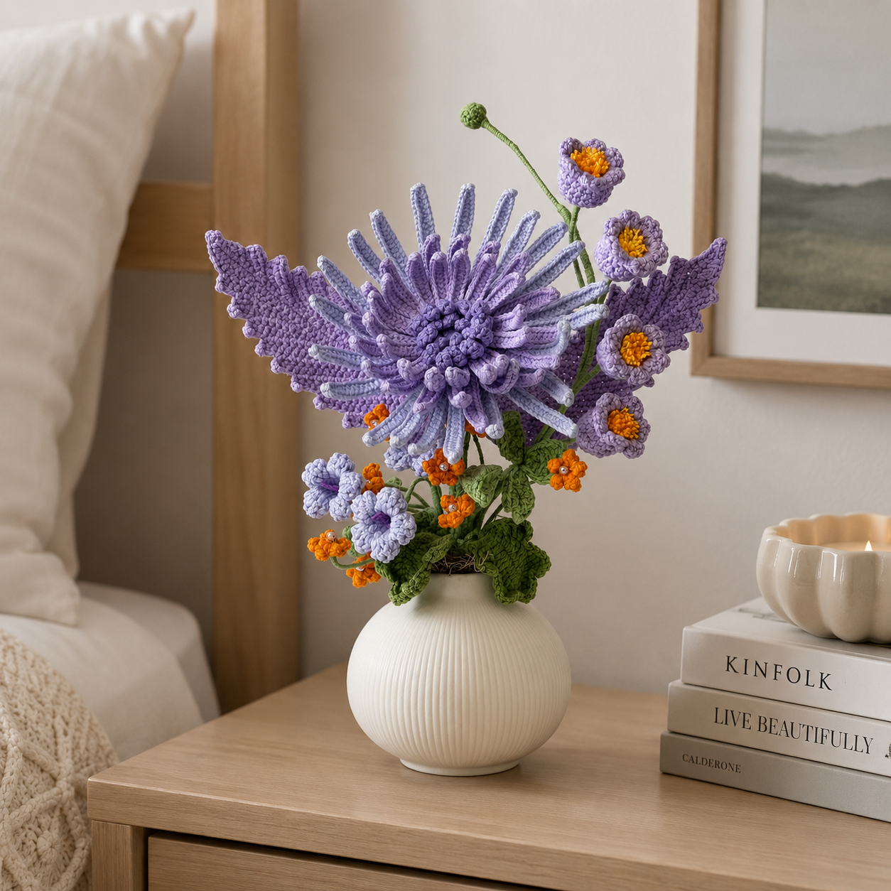 Hand crochet purple chrysanthemum arrangement in a white ceramic vase | crochet decorative floral arrangement | Home and office dining table centerpiece decoration | Women's gift