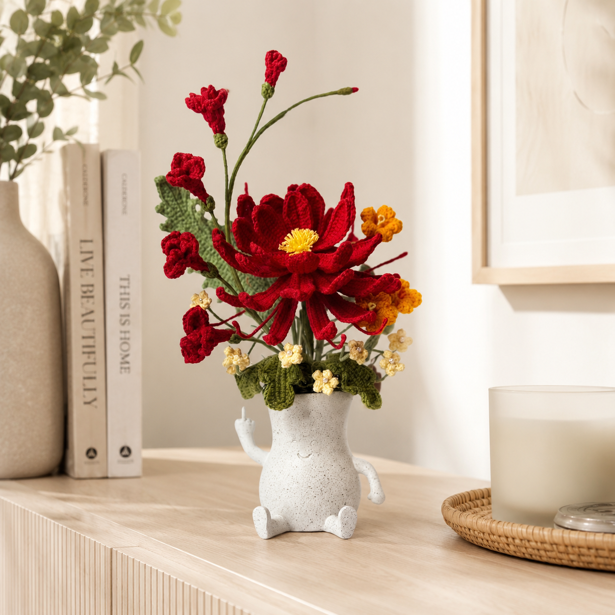 Handmade Crochet Flower Bouquet with Cute Ceramic Character Vase | Artistic Yarn Floral Arrangement | Decorative Table Centerpiece for Home, Office & Gift Giving | Unique Handmade Home Décor