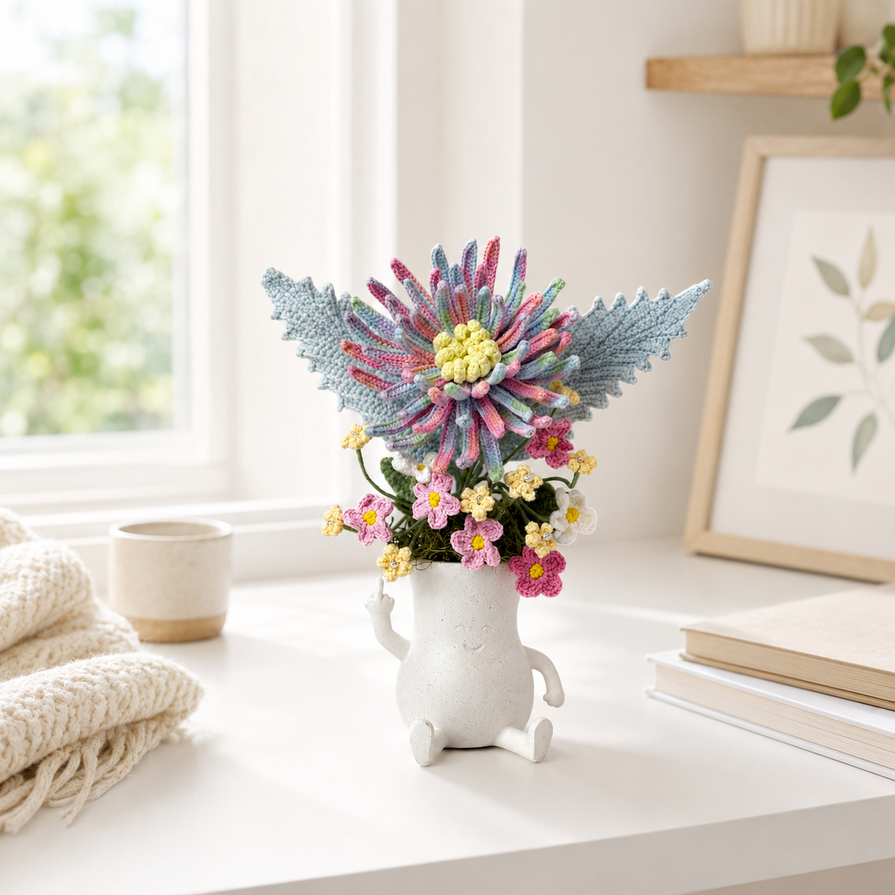 Hand-knitted Chrysanthemum Bouquet in White Ceramic Vase | Cute Home Decoration | Knitted Flower Arrangement Gift