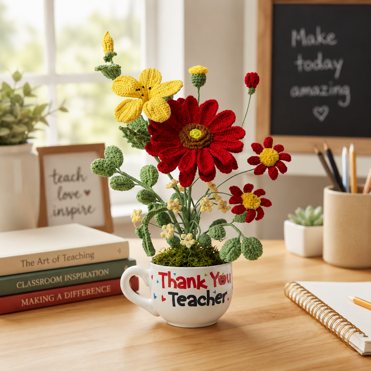Handmade Crochet Flower Bouquet in “Thank You Teacher” Mug | Knitted Daisy & Sunflower Arrangement | Unique Teacher Appreciation Gift, Desk Home Office Decor, Eternal Floral Gift