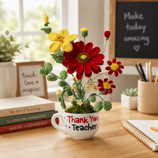 Handmade Crochet Flower Bouquet in “Thank You Teacher” Mug | Knitted Daisy & Sunflower Arrangement | Unique Teacher Appreciation Gift, Desk Home Office Decor, Eternal Floral Gift
