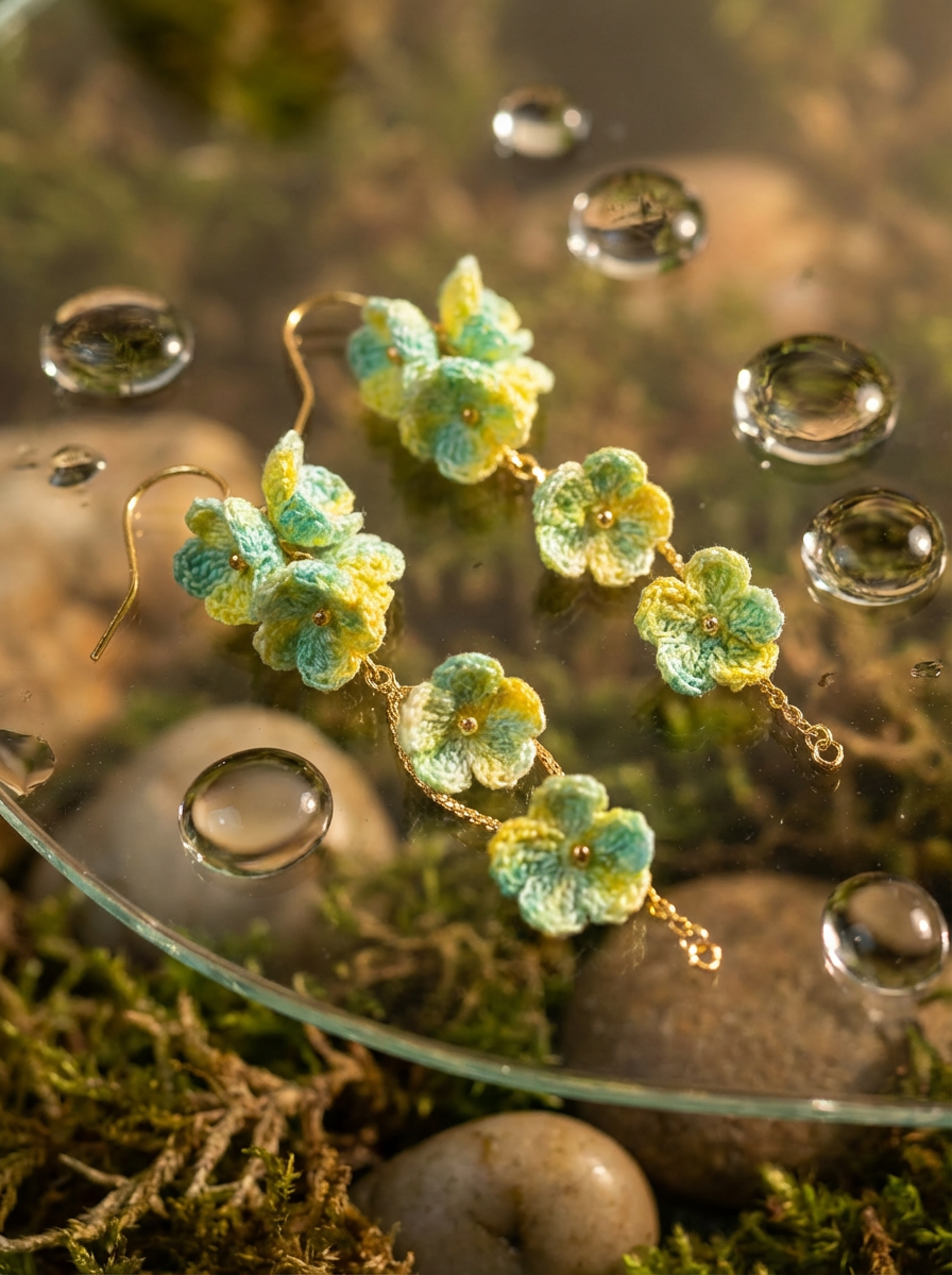 Fairy Green Light · Micro-Crocheted Earrings - Fresh Blue-Green Gradient Flowers