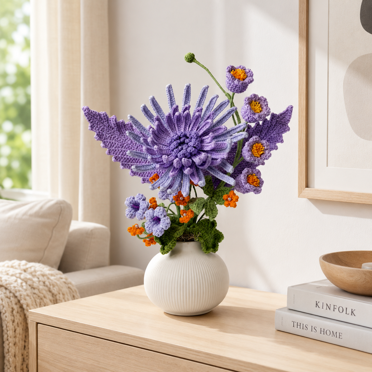 Hand crochet purple chrysanthemum arrangement in a white ceramic vase | crochet decorative floral arrangement | Home and office dining table centerpiece decoration | Women's gift