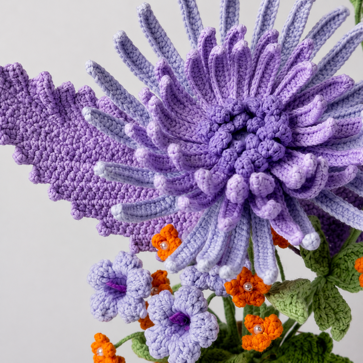 Hand crochet purple chrysanthemum arrangement in a white ceramic vase | crochet decorative floral arrangement | Home and office dining table centerpiece decoration | Women's gift