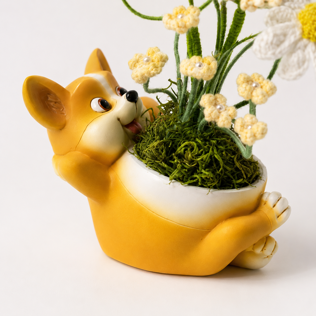 Cute Corgi Planter Pot with Handmade Crochet Flower Arrangement | Decorative Resin Dog Flower Vase | Cozy Home & Office Desk Decor | Unique Gift for Dog Lovers & Housewarming