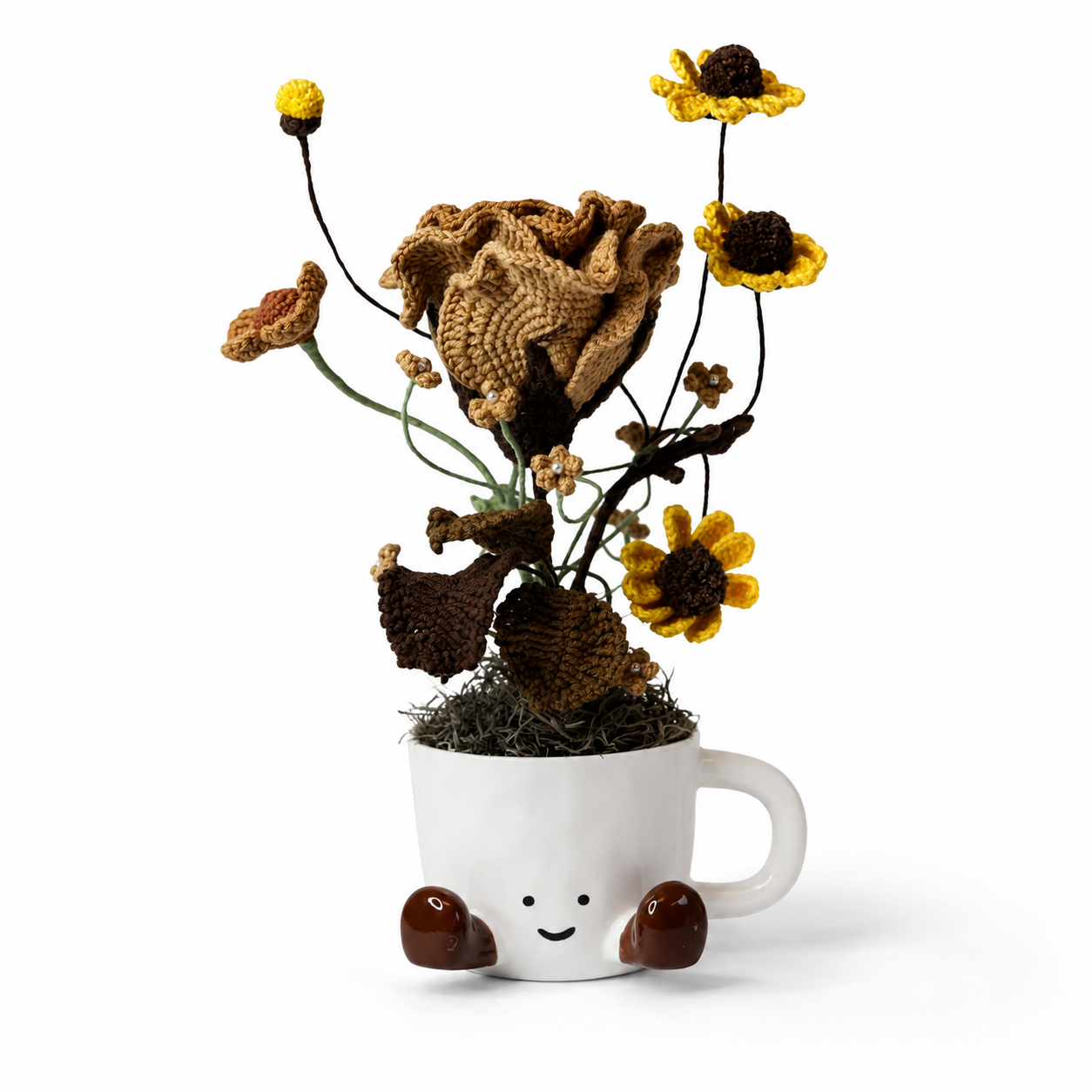 Hand Crochet Coffee Flower Bouquet, Cute Smile Ceramic Cup Planter | Hand-knitted Coffee Rose Bouquet Home Decoration | Unique Gift, Suitable for Home, Office, Birthday and Moving In