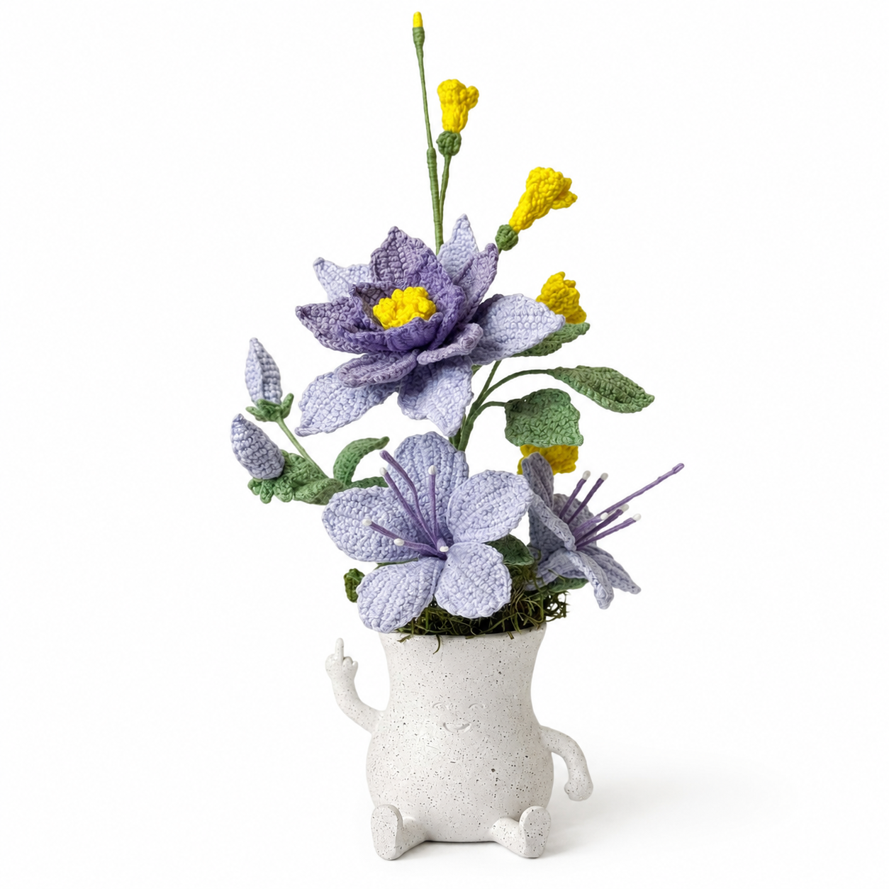 Handmade crocheted purple flower arrangement in a lovely resin "givin-you-the-bird" figurine vase | crocheted flower arrangement home decoration | unique dining table centerpiece decoration gift