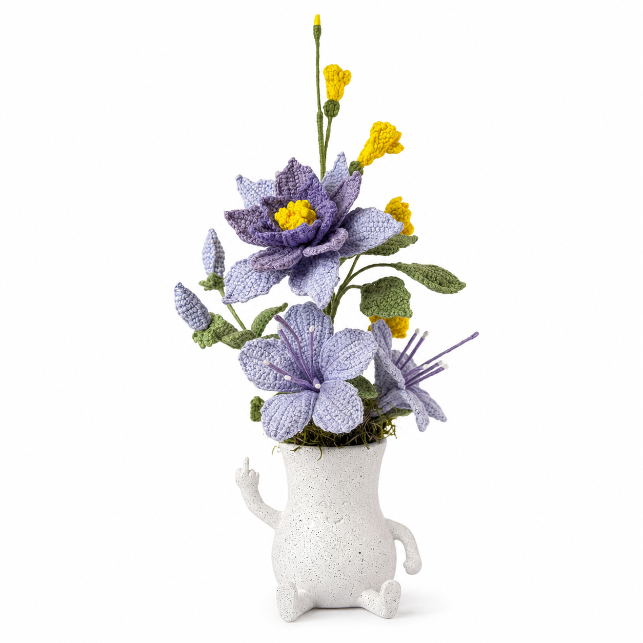 Handmade crocheted purple flower arrangement in a lovely resin "givin-you-the-bird" figurine vase | crocheted flower arrangement home decoration | unique dining table centerpiece decoration gift