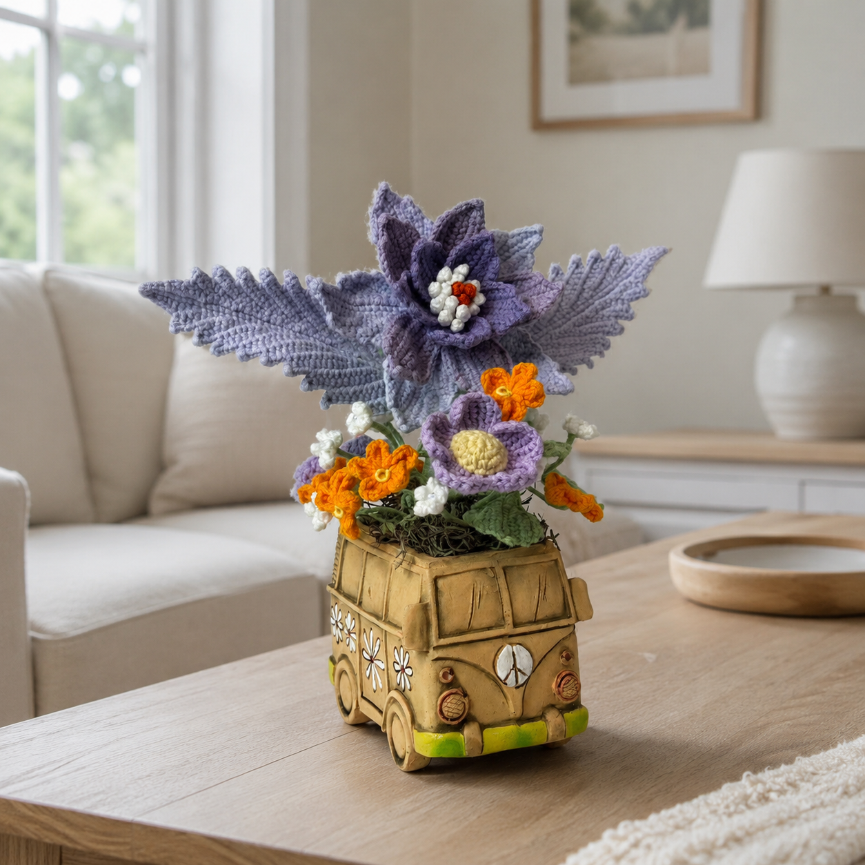 Handmade crochet floral flower cart flower pot | retro bus flower pot home decoration