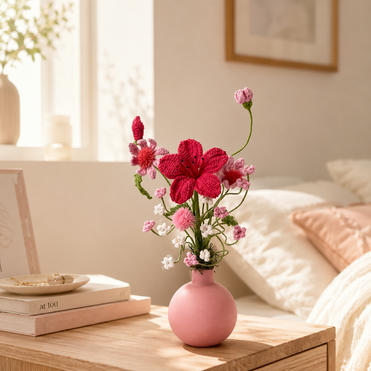 Handmade Crochet Flower Arrangement in Ceramic Vase | Decorative Knitted Floral Bouquet Home Décor Centerpiece | Artificial Yarn Flowers for Living Room, Bedroom, Office & Gift