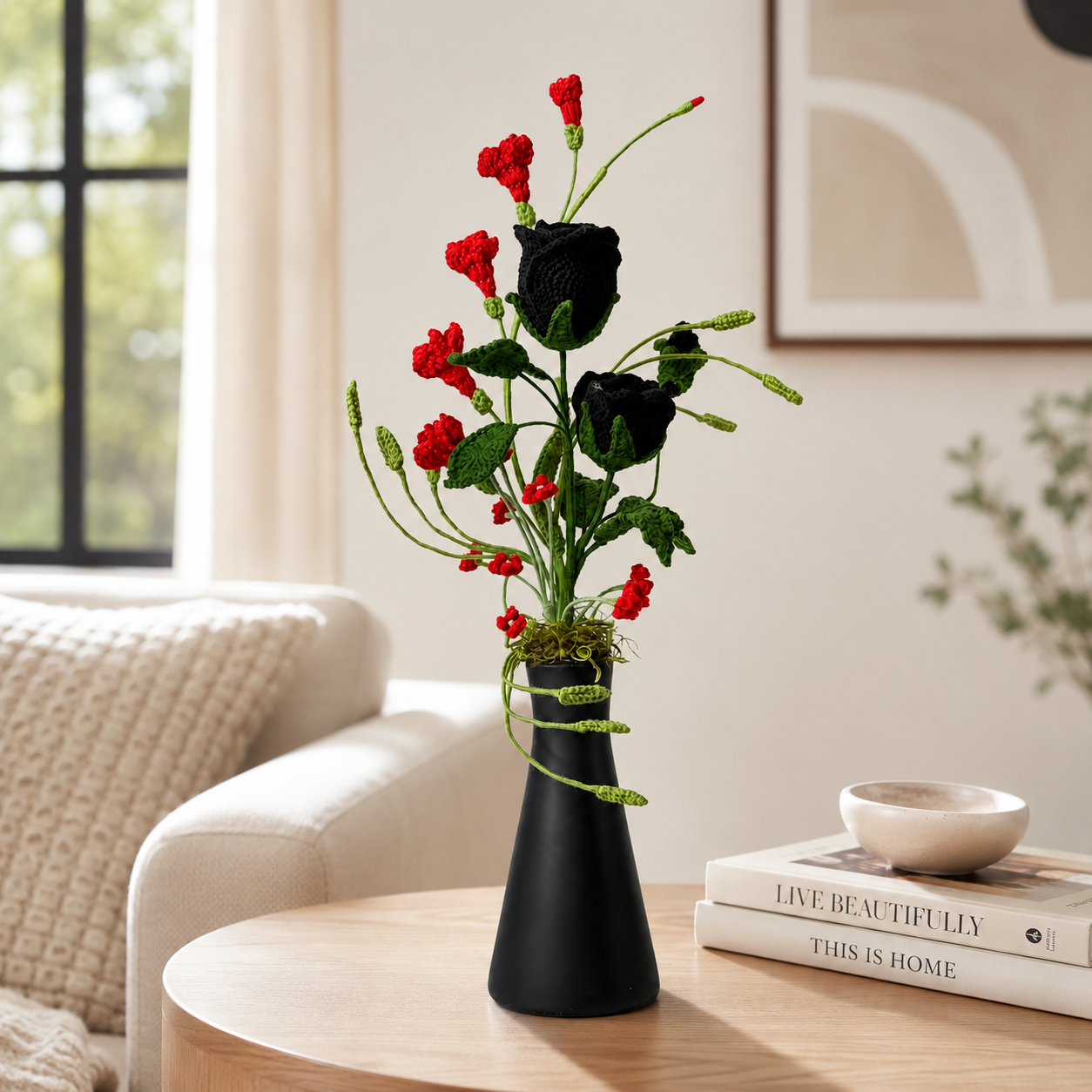 Hand-knitted black rose flowers | Elegant knitted bouquet home decoration | Modern Gothic style artificial knitted flower center decoration, suitable for living room, office and gift