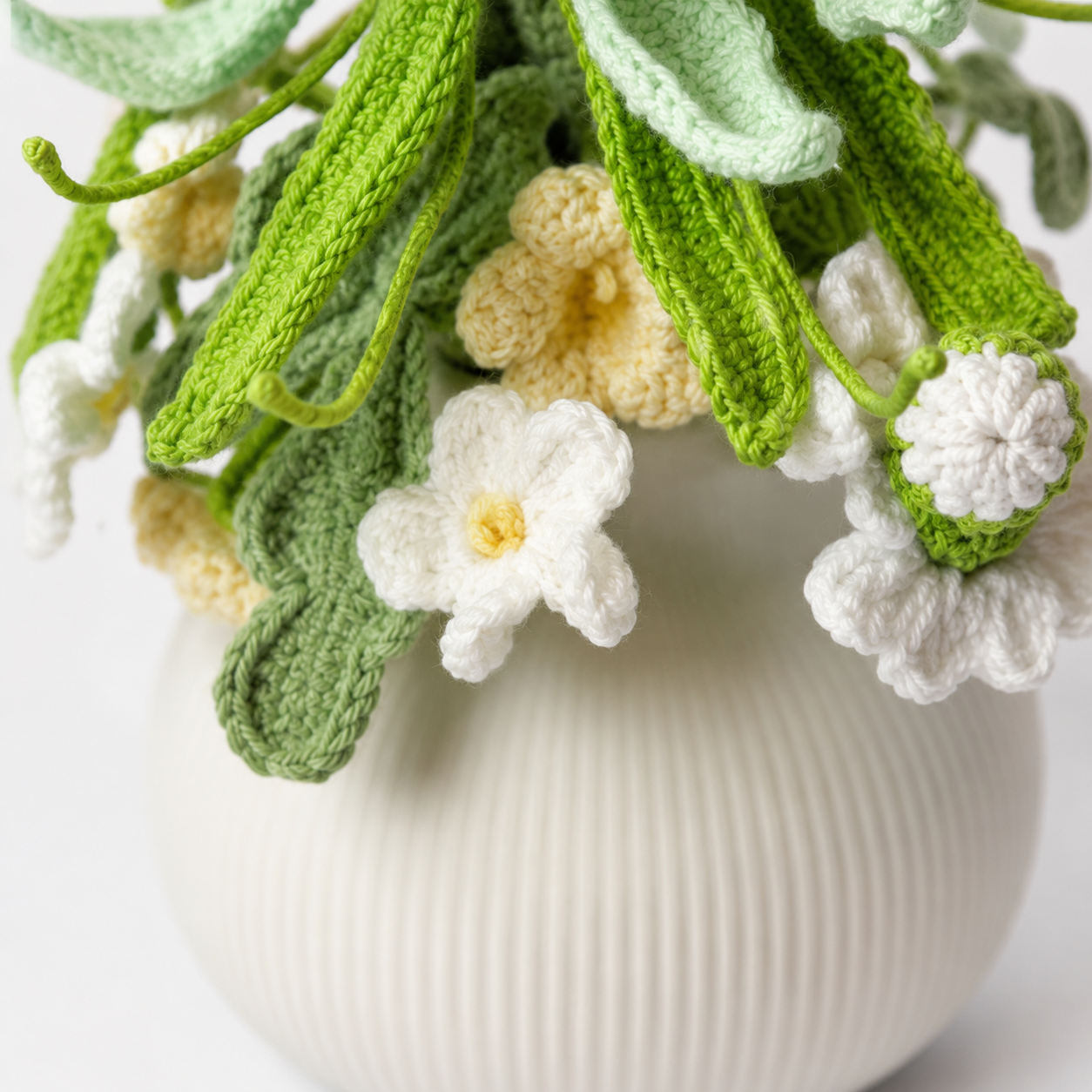 Hand-knitted green fairy bouquet vase decoration | yellow and green knitted flowers home decoration | country dining table centerpiece decoration gift
