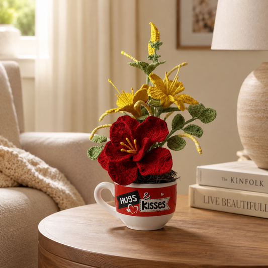 Handmade crocheted floral decoration ceramic cup - embrace and kiss romantic floral desk decoration, crocheted bouquet - unique home and office gift, suitable for birthday, Valentine's Day