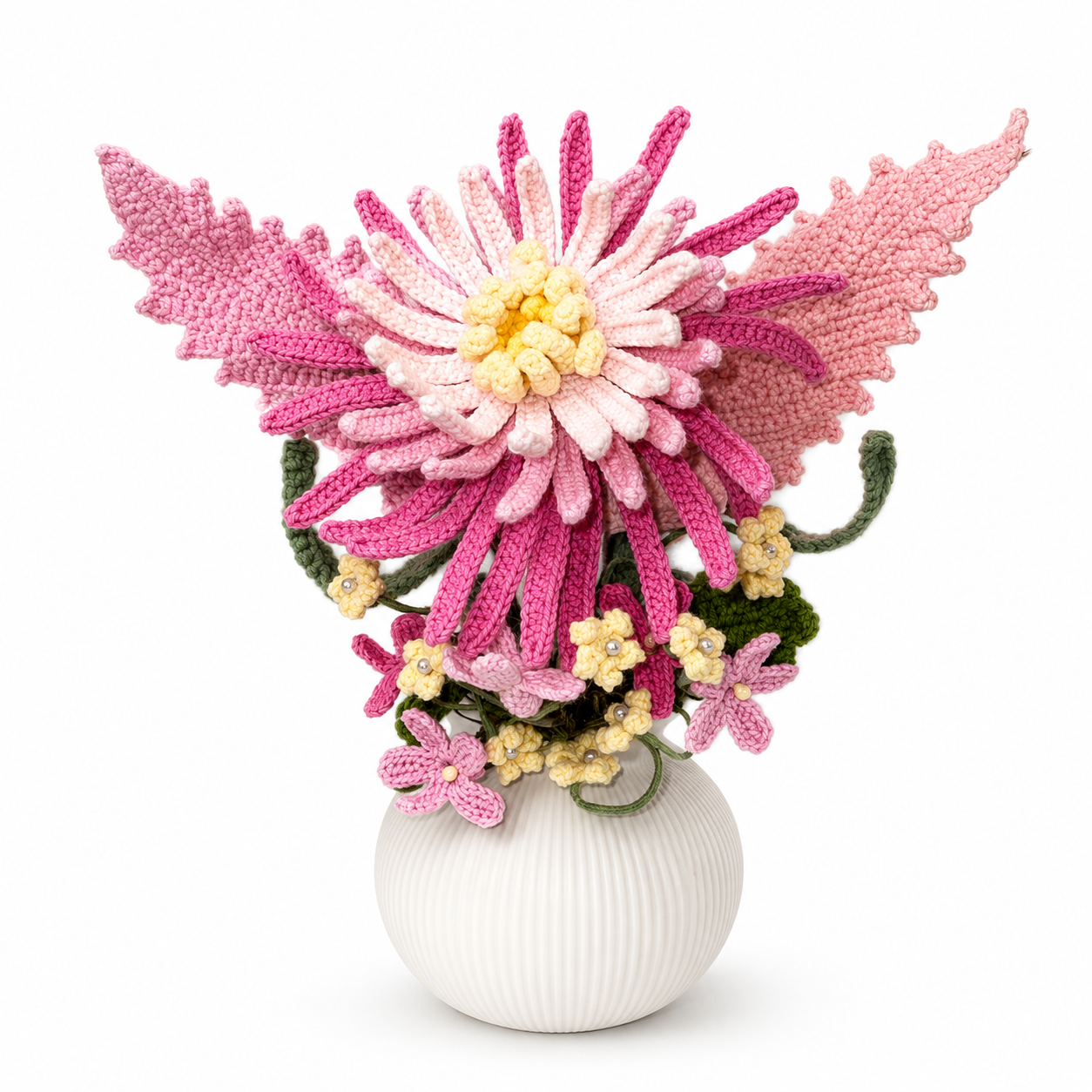 Handmade crocheted pink chrysanthemum arrangement in a white ceramic vase - crochet floral home decoration, country dining table centerpiece decoration, women's gift and home decoration