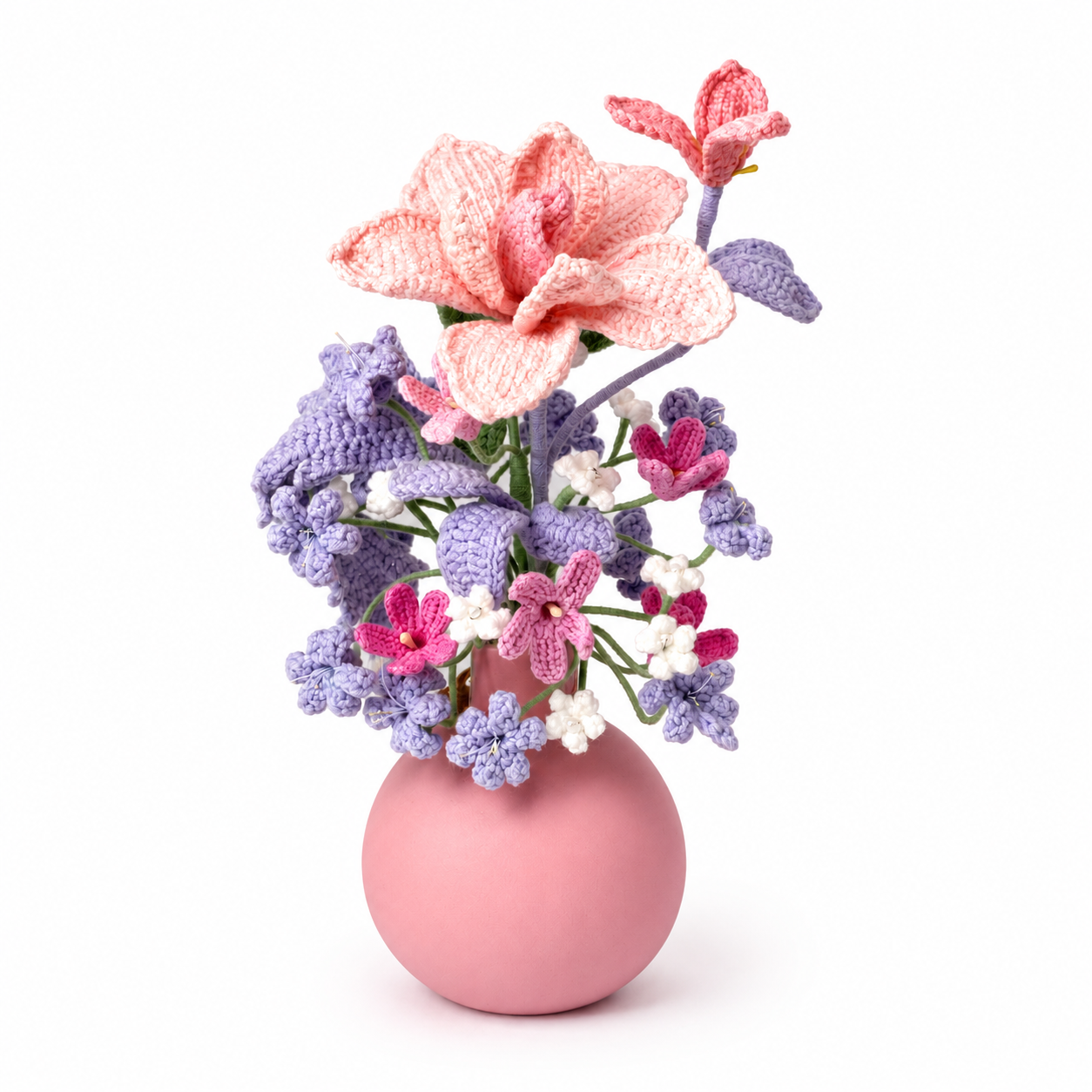 Hand-knitted pink and purple romantic flower arrangement | Knitted artificial flower arrangement home decoration | Decorative desk and living room center decoration, gift for women