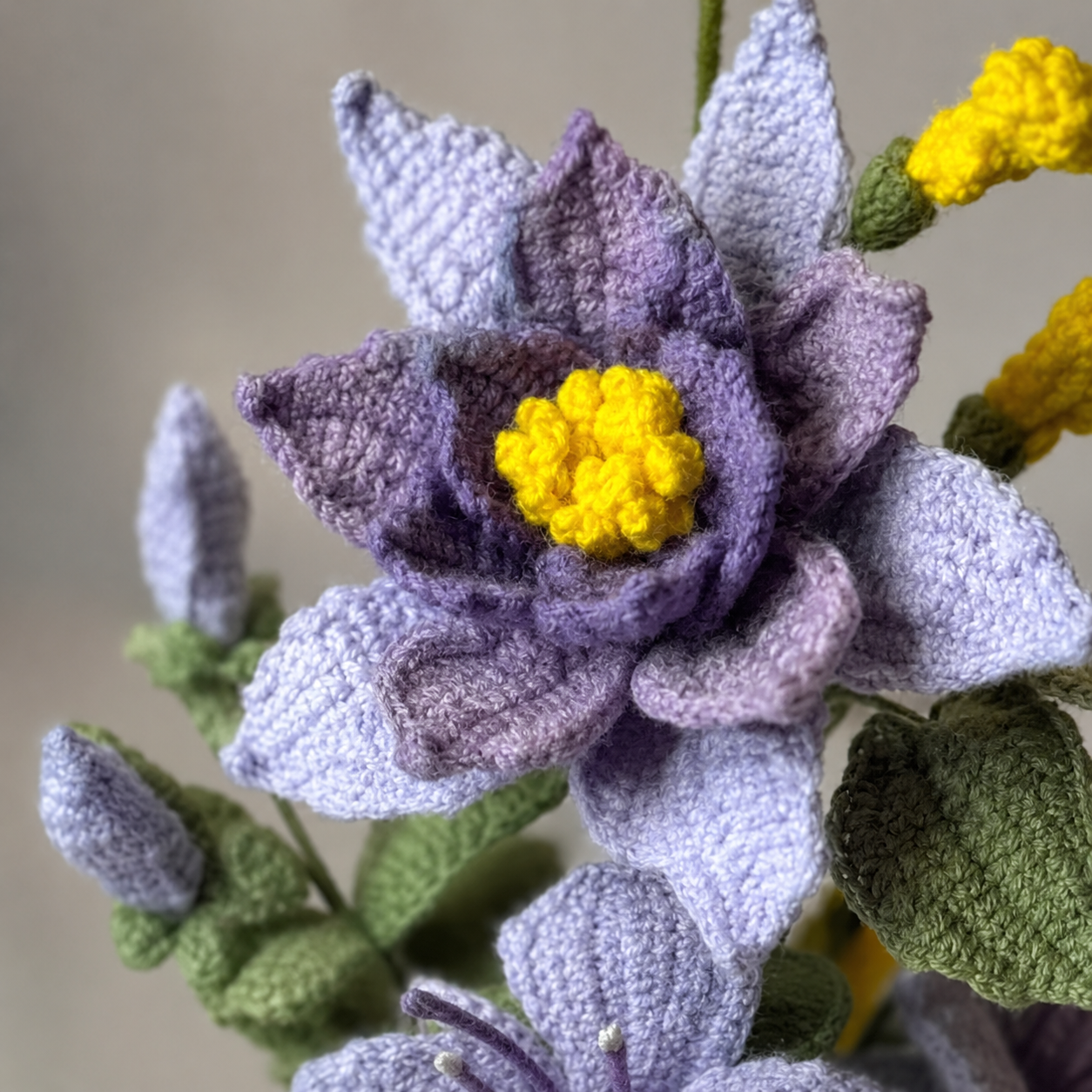 Handmade crocheted purple flower arrangement in a lovely resin "givin-you-the-bird" figurine vase | crocheted flower arrangement home decoration | unique dining table centerpiece decoration gift