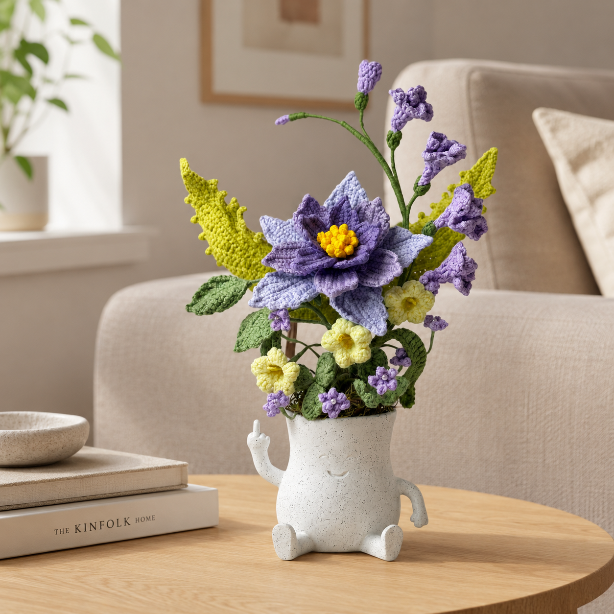 Handmade Crochet Flower Arrangement in Ceramic Character Vase | Purple & Yellow Floral Home Decor | Knitted Artificial Bouquet Table Centerpiece