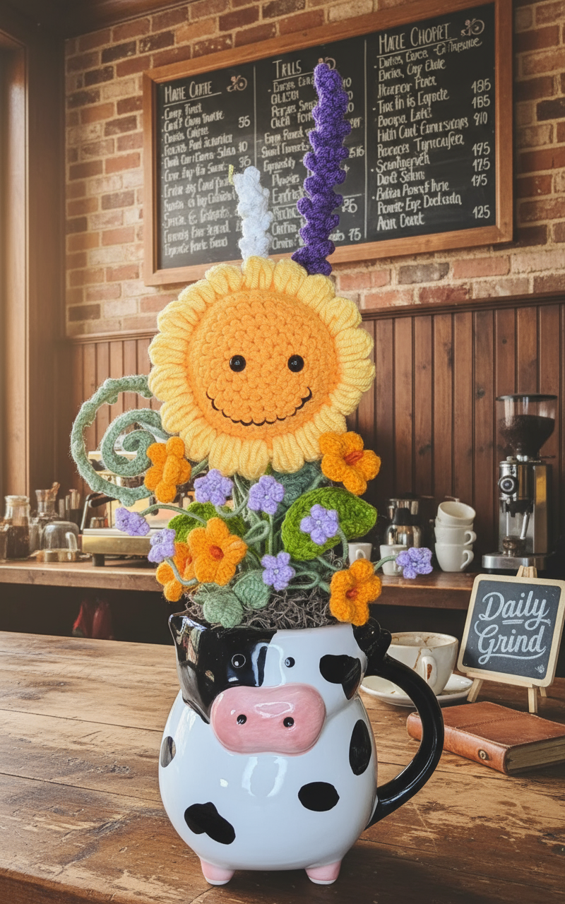 "Playful Farm" Hand-Crocheted Flower Bouquet & Cow Vase Set