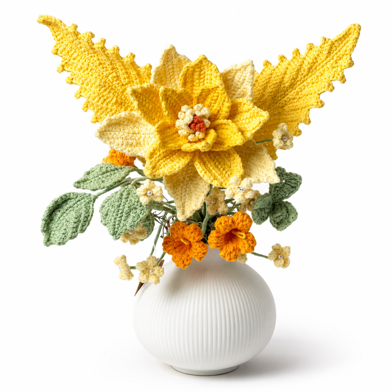 Handmade crocheted yellow rose bouquet vase | Knitted artificial flower home decoration center decoration | Bohemian country table decoration | Unique gift for women, Mother's Day, birthday and moving in