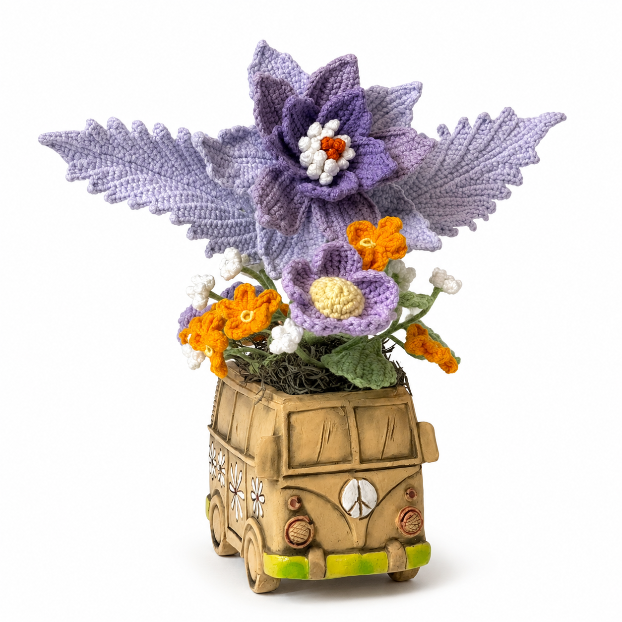 Handmade crochet floral flower cart flower pot | retro bus flower pot home decoration