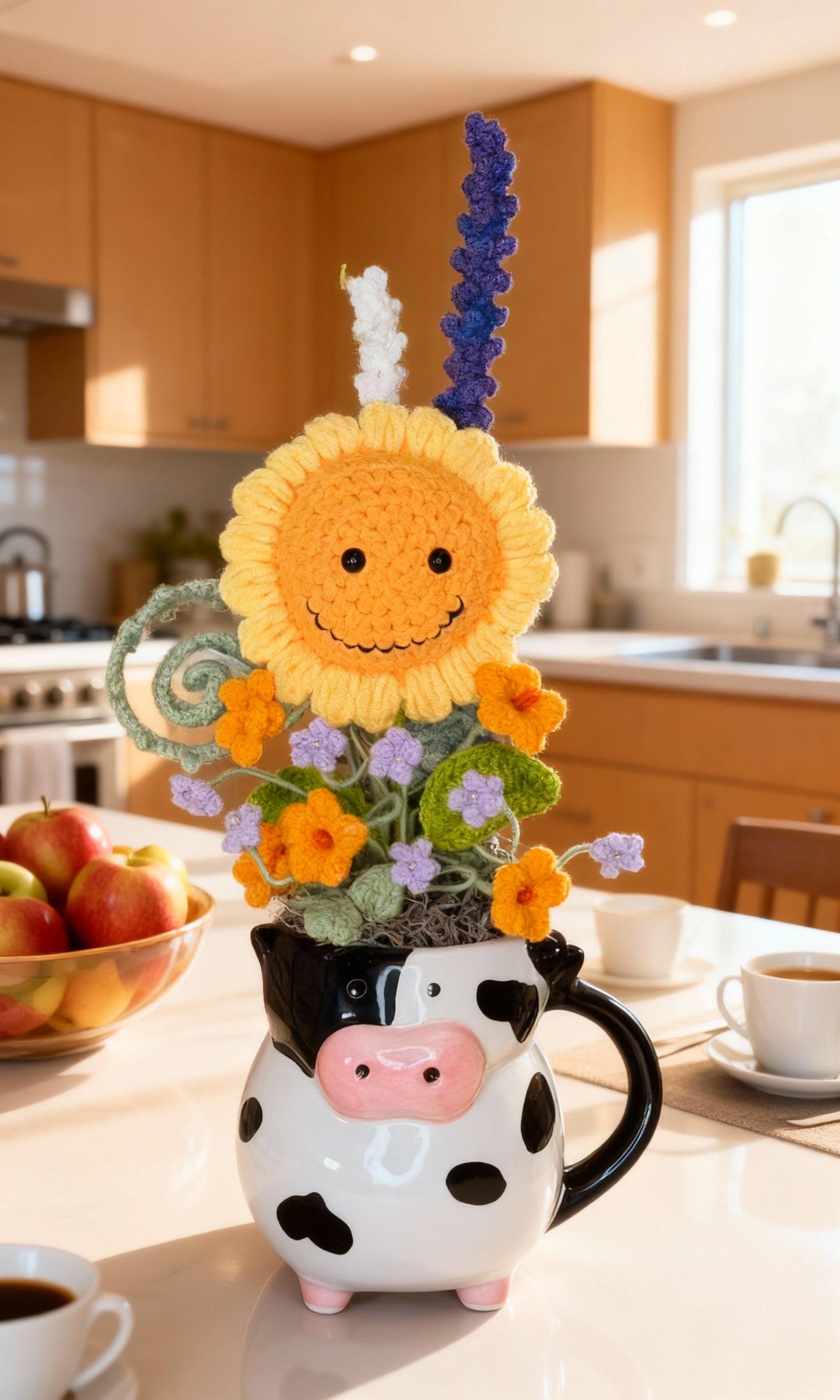 "Playful Farm" Hand-Crocheted Flower Bouquet & Cow Vase Set
