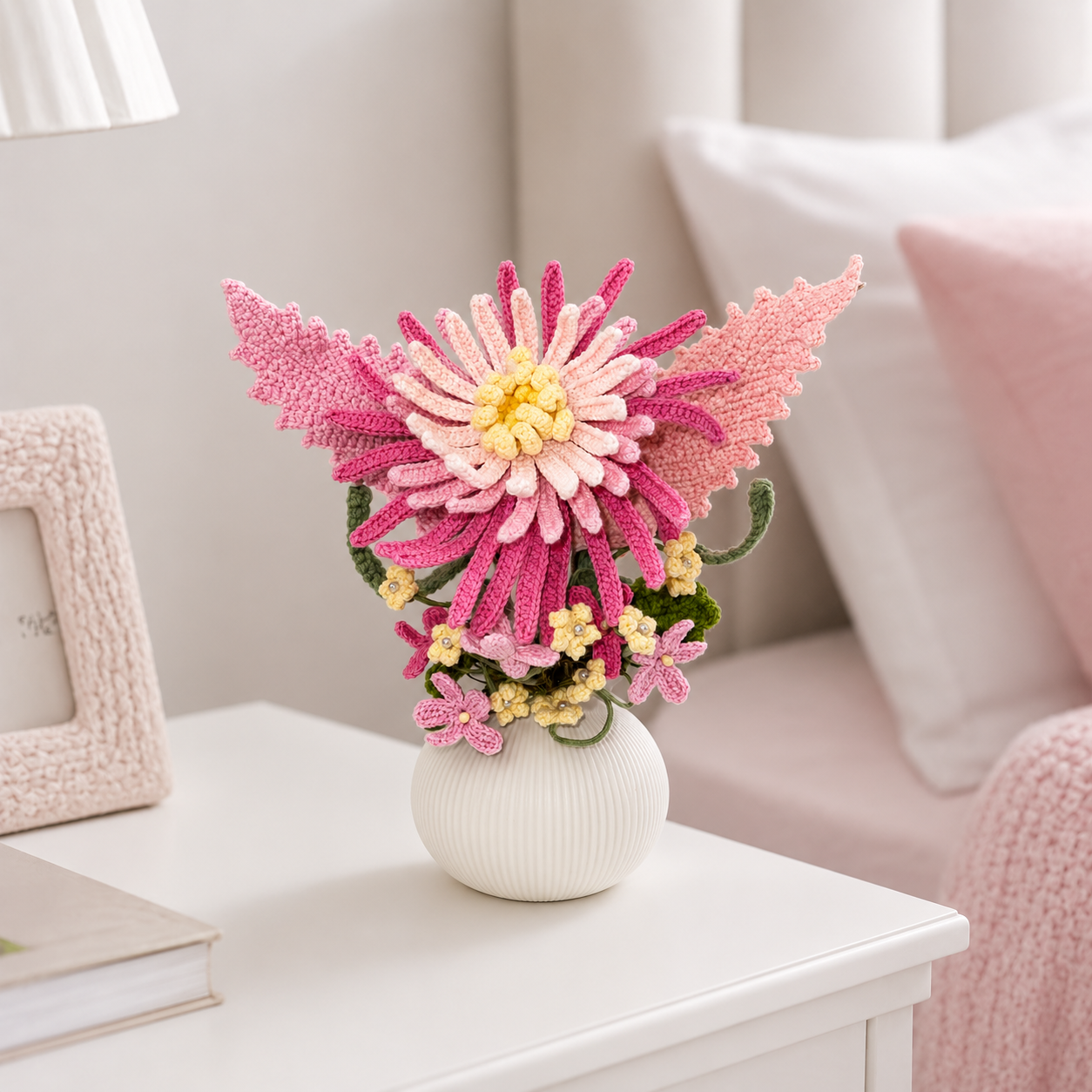 Handmade crocheted pink chrysanthemum arrangement in a white ceramic vase - crochet floral home decoration, country dining table centerpiece decoration, women's gift and home decoration