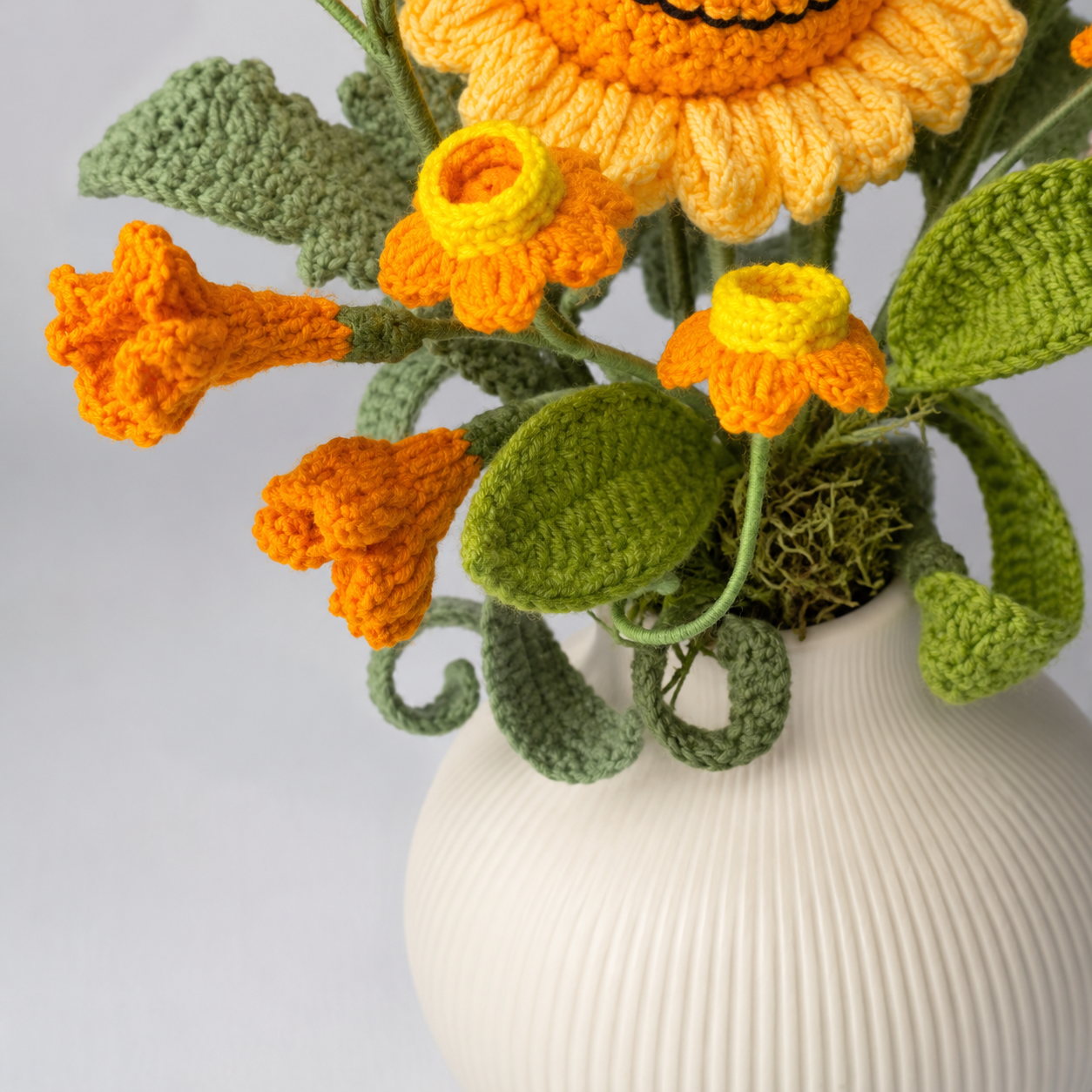 Handmade Crochet Smiling Sunflower Bouquet in White Vase | Amigurumi Flower Home Decor | Cute Crochet Floral Arrangement Gift