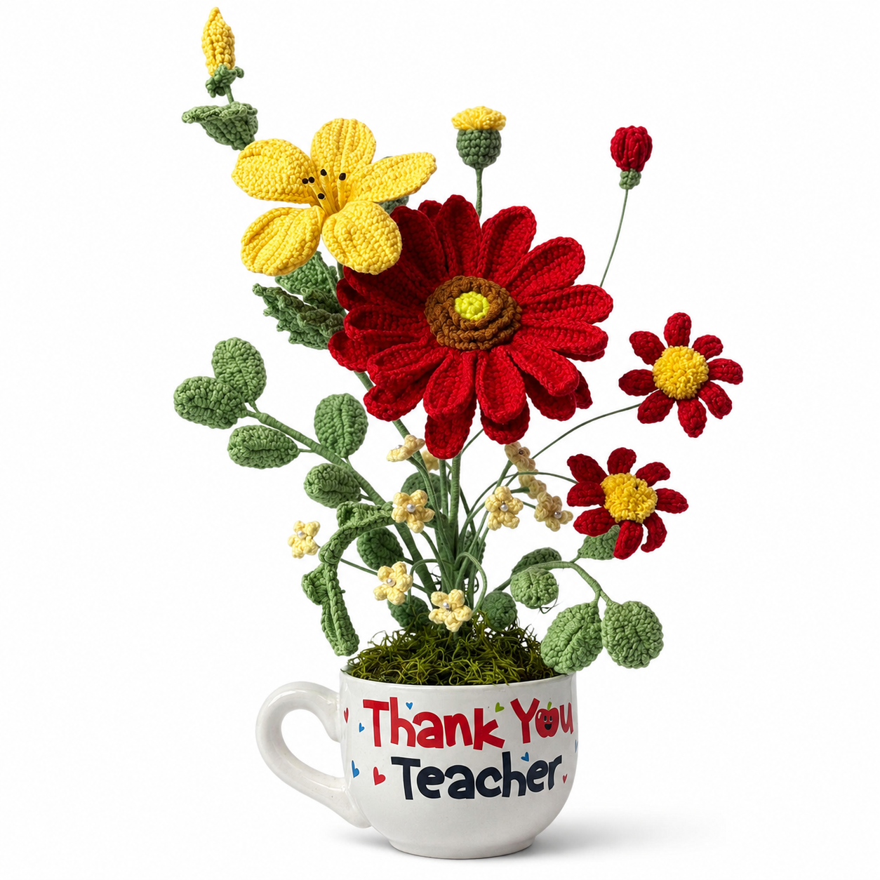 Handmade Crochet Flower Bouquet in “Thank You Teacher” Mug | Knitted Daisy & Sunflower Arrangement | Unique Teacher Appreciation Gift, Desk Home Office Decor, Eternal Floral Gift