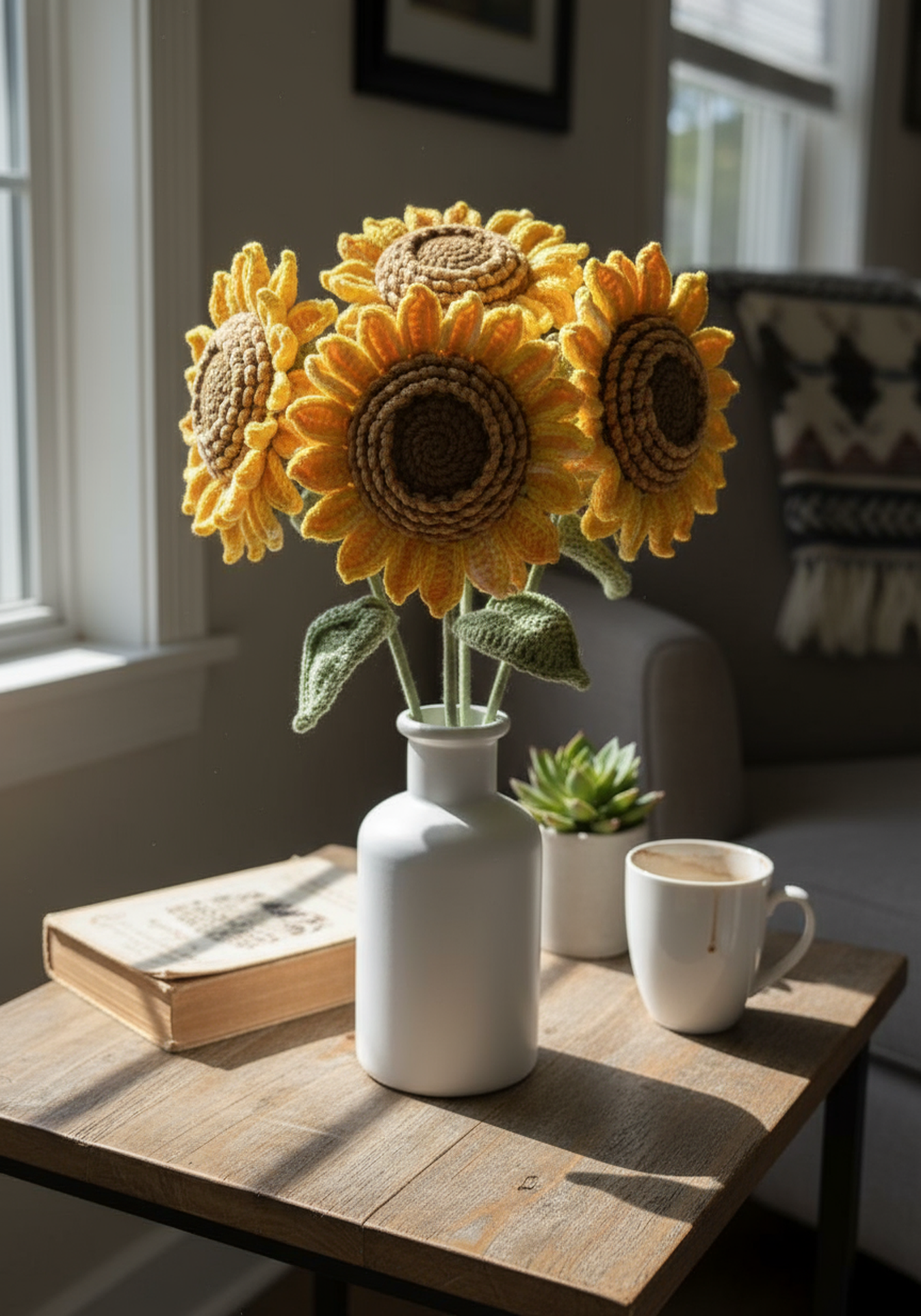 A hand-crocheted sunflower