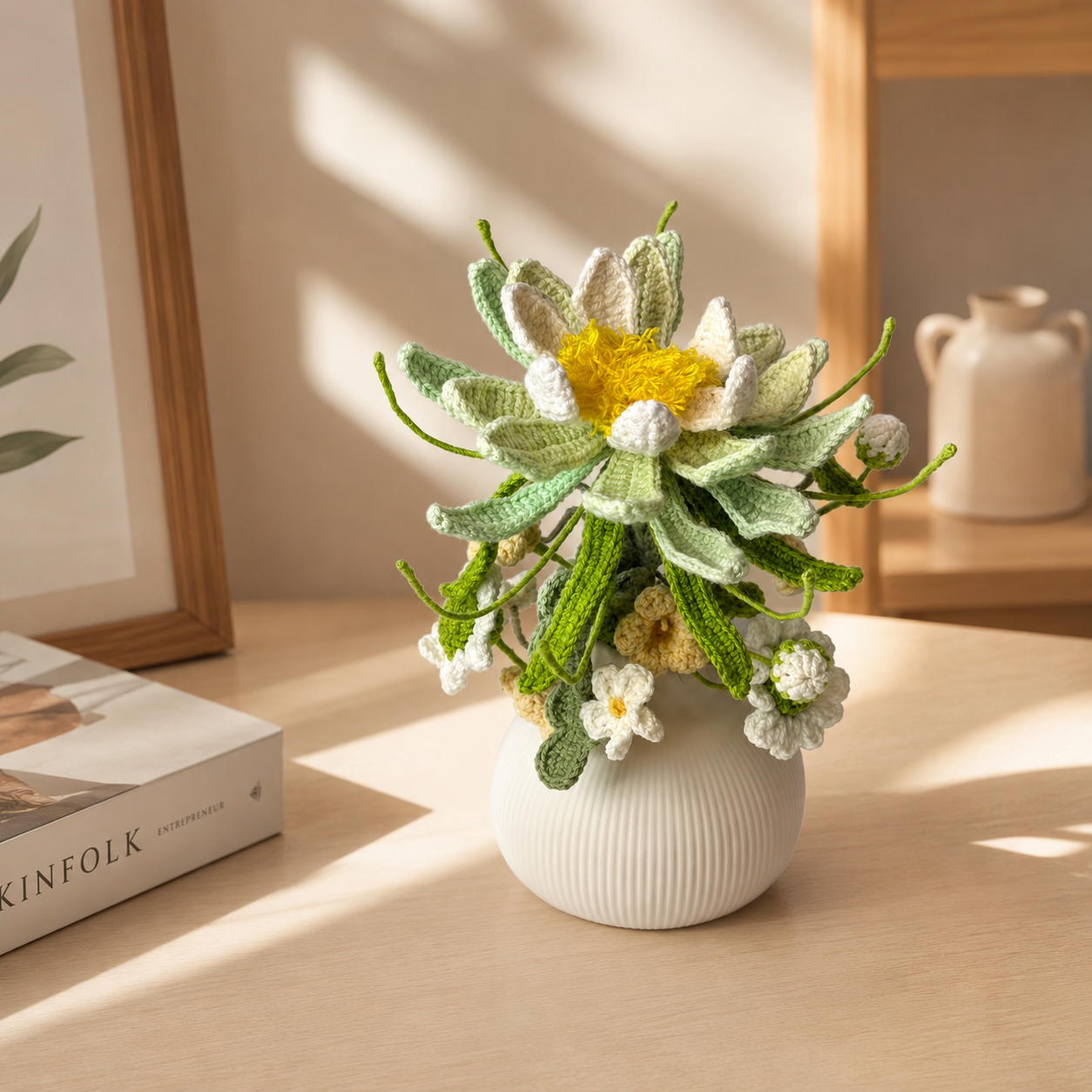 Hand-knitted green fairy bouquet vase decoration | yellow and green knitted flowers home decoration | country dining table centerpiece decoration gift