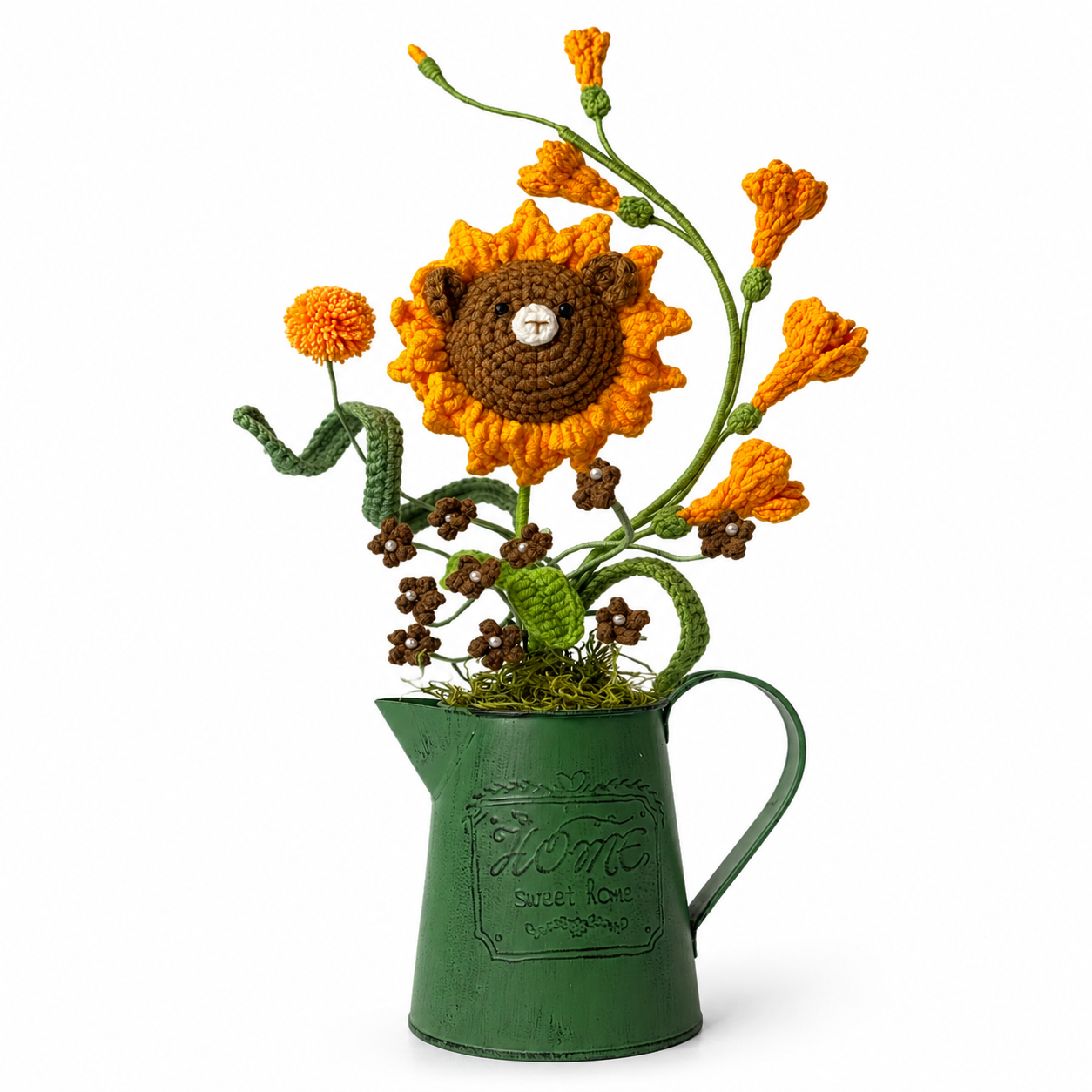 Handmade crochet cute bear bouquet, retro green kettle flower holder | knitted floral home decoration arrangement | country dining table centerpiece decoration, suitable for home office and living room