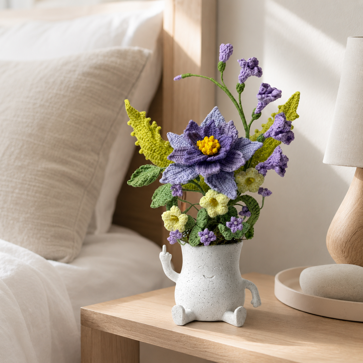 Handmade Crochet Flower Arrangement in Ceramic Character Vase | Purple & Yellow Floral Home Decor | Knitted Artificial Bouquet Table Centerpiece