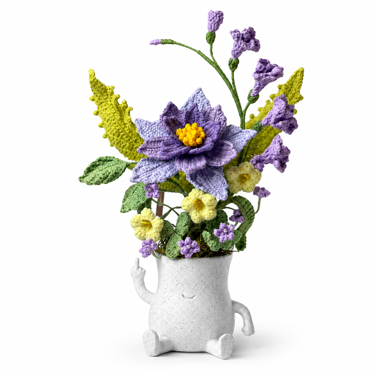 Handmade Crochet Flower Arrangement in Ceramic Character Vase | Purple & Yellow Floral Home Decor | Knitted Artificial Bouquet Table Centerpiece