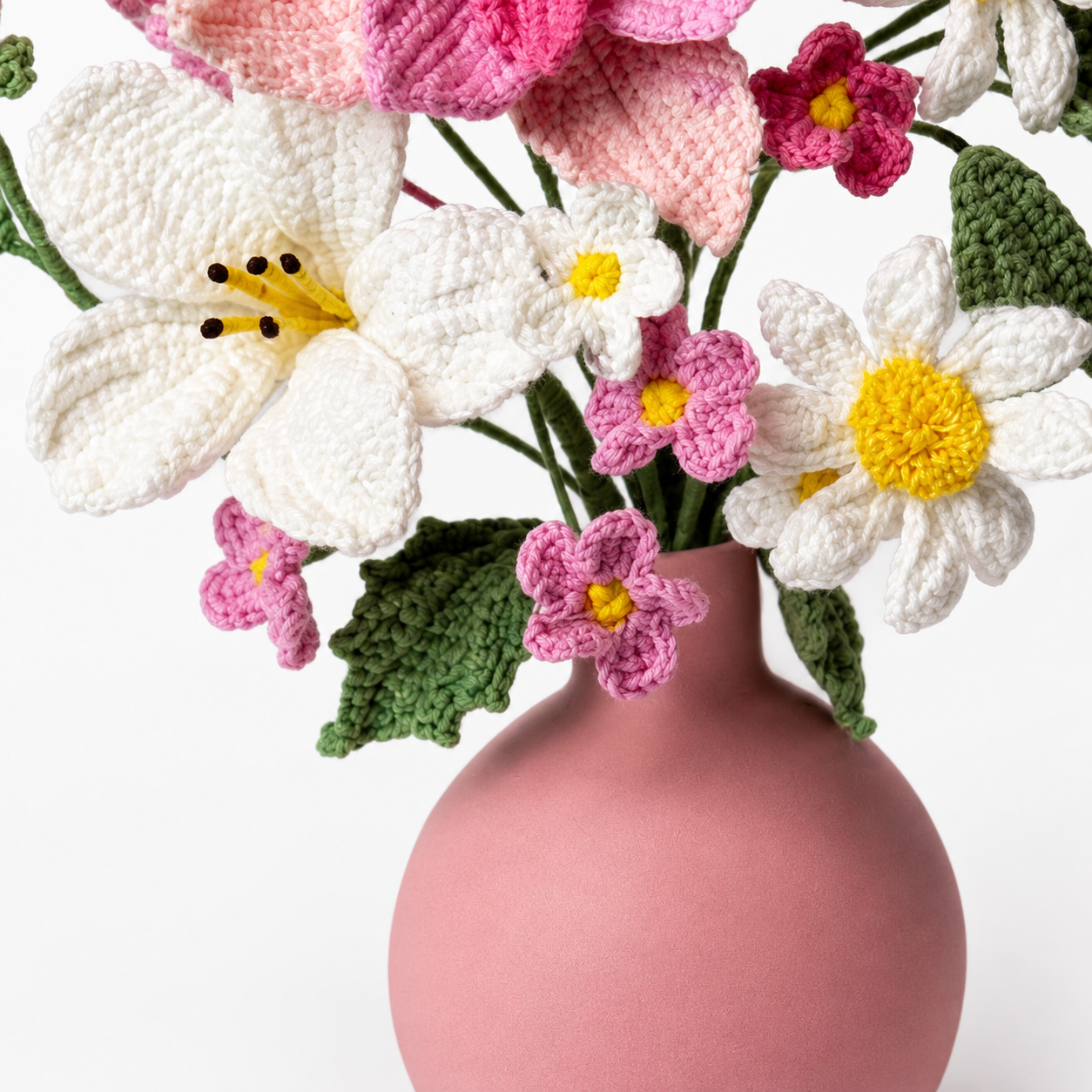 Hand crocheted pink rose flower bouquet | crocheted mixed flower arrangement | artificial yarn center for home, office, bedroom, and gift decoration