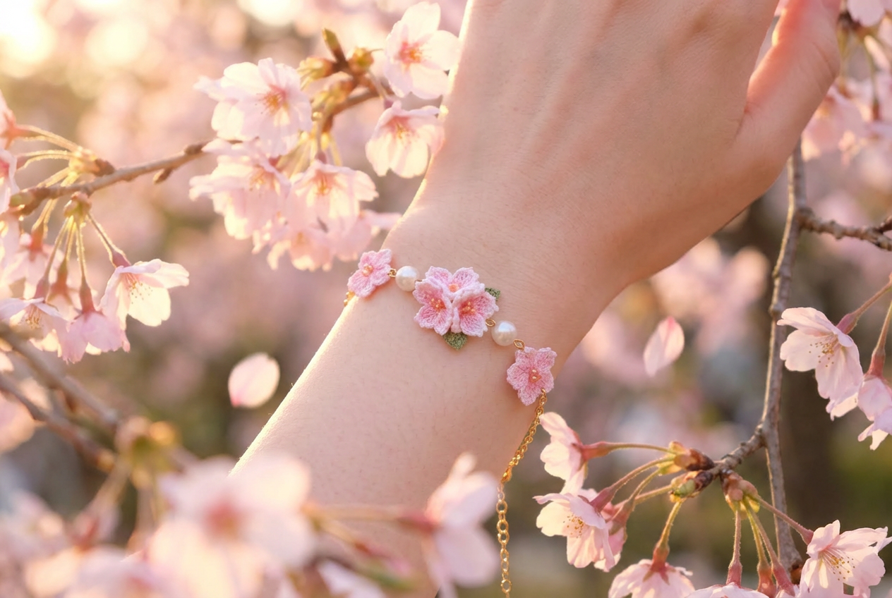 Hand-Crocheted Cherry Blossom Bracelet - Pink Sakura with Pearlescent Pearls - Bohemian Style