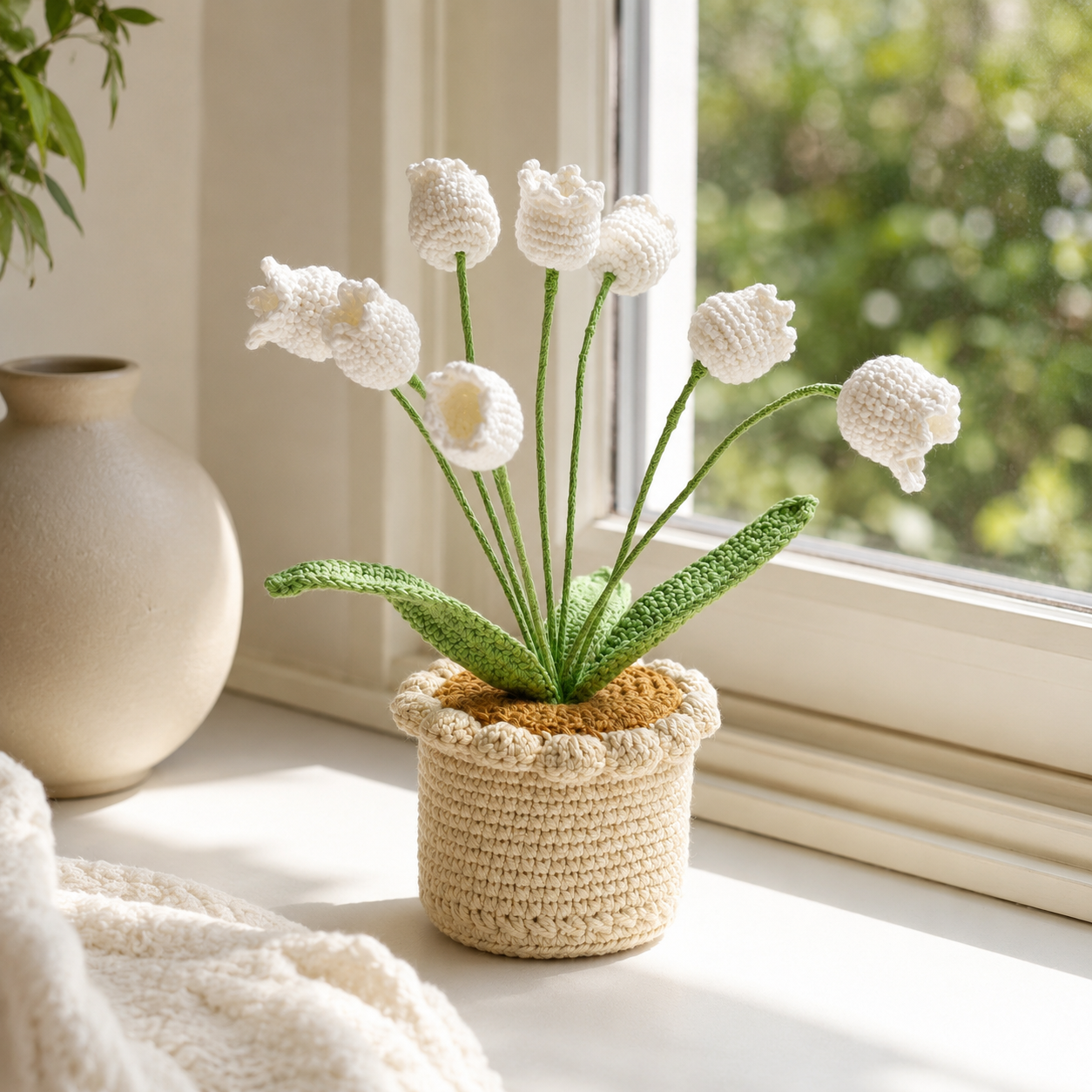 Handmade crochet bellflower potted plants, knitted artificial flowers decoration, woolen flower pot for home office desk decoration, gift