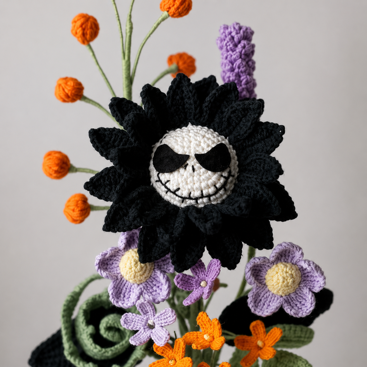 Handmade Crochet Skull Flower Arrangement in Black Vase | Gothic Halloween Home Decor | Unique Amigurumi Floral Centerpiece Gift