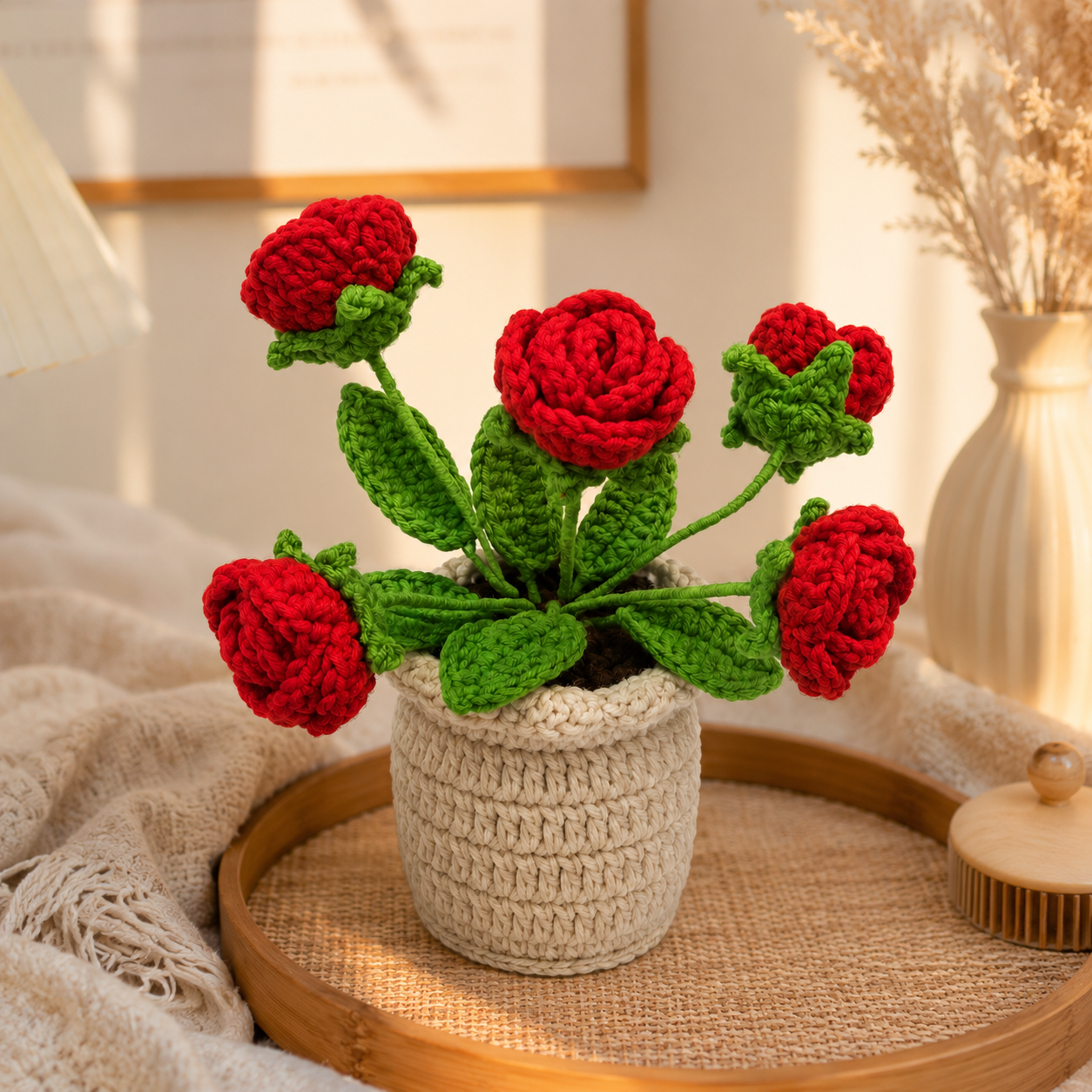 Handmade Crochet Rose Potted Plant Decor | Cute Home & Office Desk Decoration | Everlasting Faux Plant Ornament | Gift for Women & Housewarming Decor