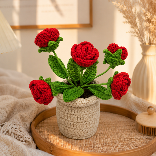 Handmade Crochet Rose Potted Plant Decor | Cute Home & Office Desk Decoration | Everlasting Faux Plant Ornament | Gift for Women & Housewarming Decor
