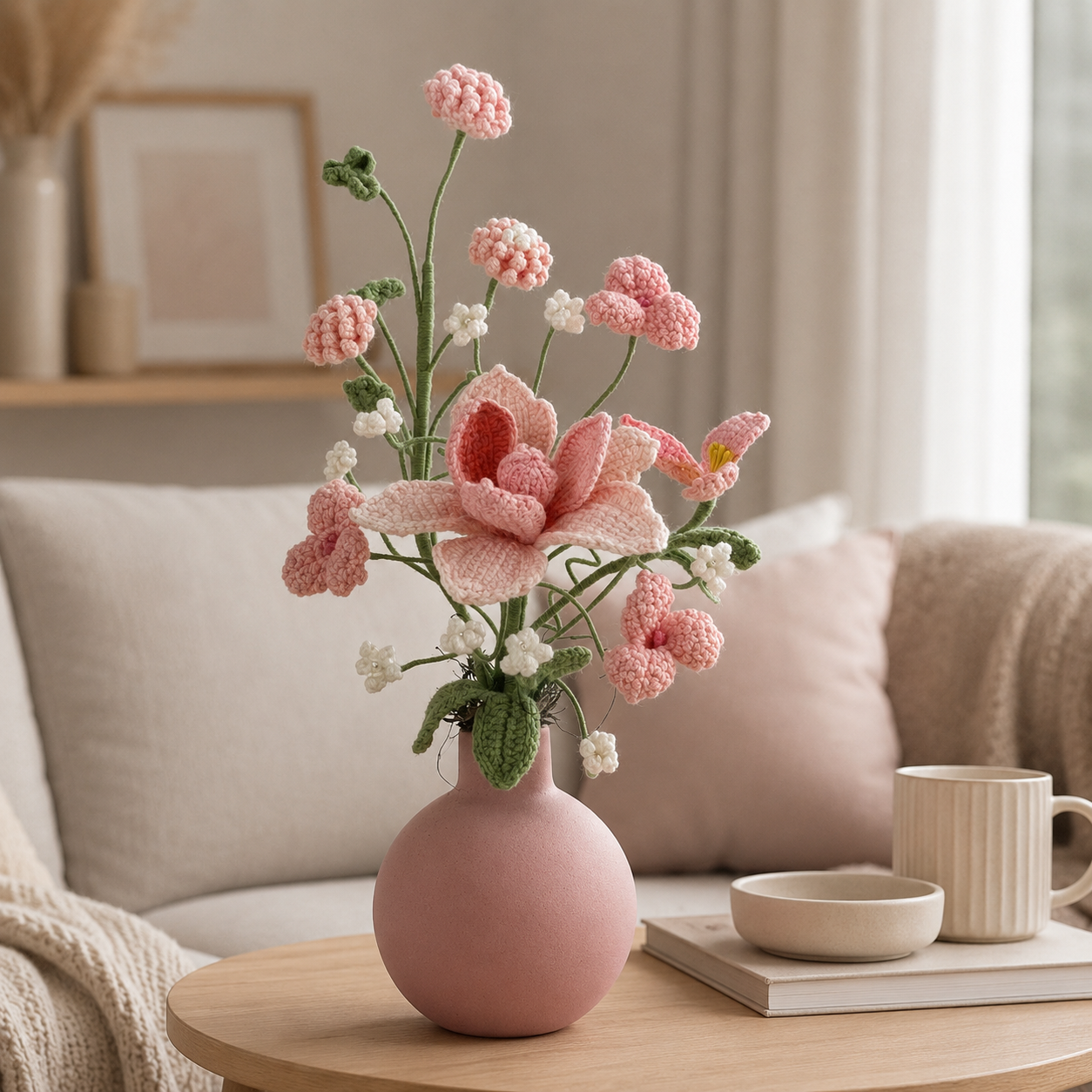 Hand-knitted pink late summer bouquet | Knitted artificial flower arrangement | Decorative home and office desk center decoration | Eternal yarn bouquet gift, suitable for women, mothers and room decoration