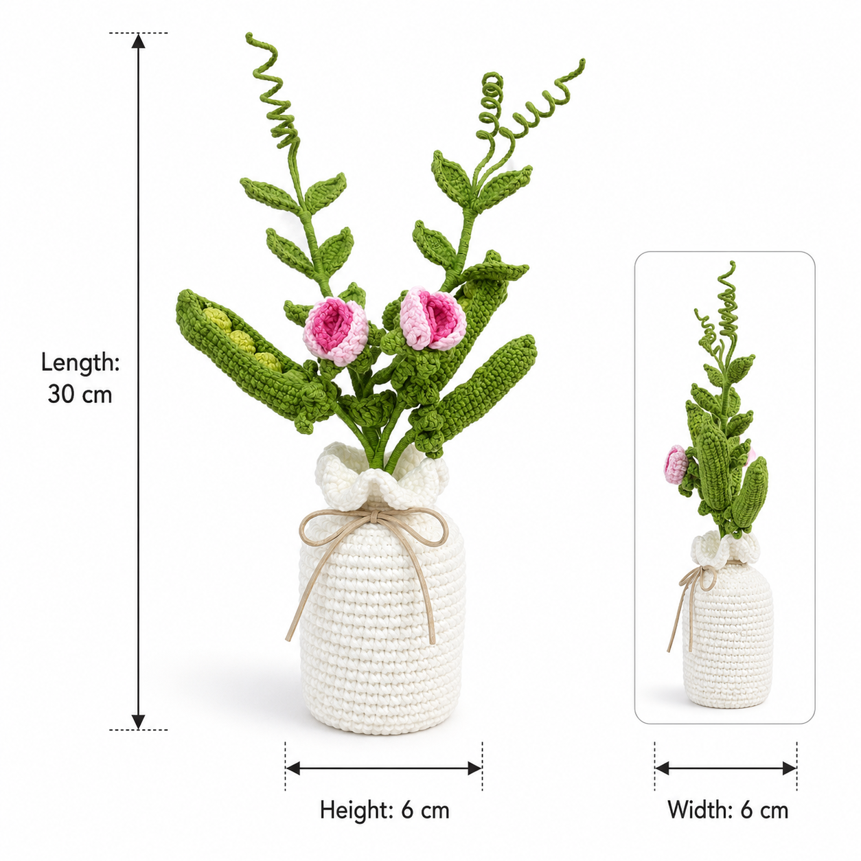 Handmade Crochet Green Plant Bouquet in White Vase, Knitted Pea Pod Flower Arrangement with Pink Crochet Blooms, Rustic Farmhouse Tabletop Decor for Bedroom Living Room Office, Cozy Gift for Women