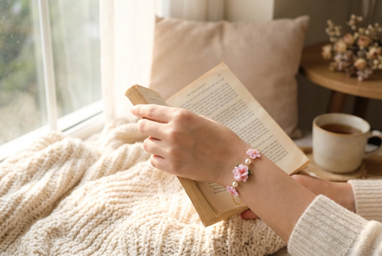 Hand-Crocheted Cherry Blossom Bracelet - Pink Sakura with Pearlescent Pearls - Bohemian Style