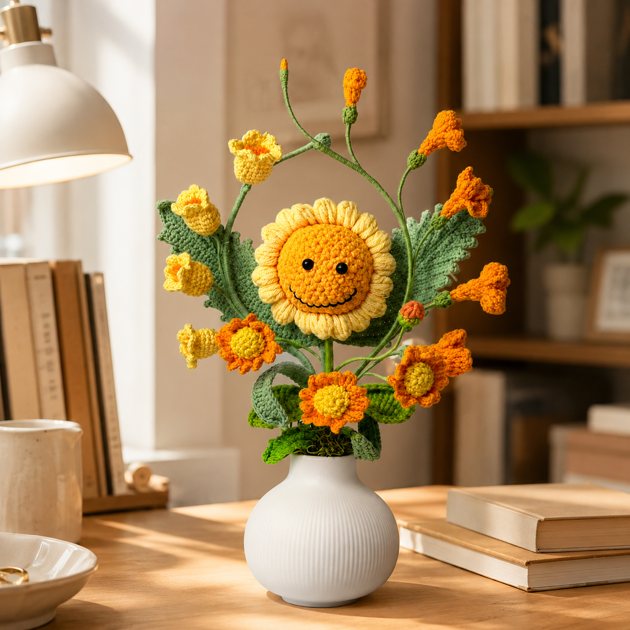 Hand-knitted sunflower and orchid bouquet vase decoration | Knitted sunflower and flower arrangement | Cute home decoration, desk center decoration, gift for women