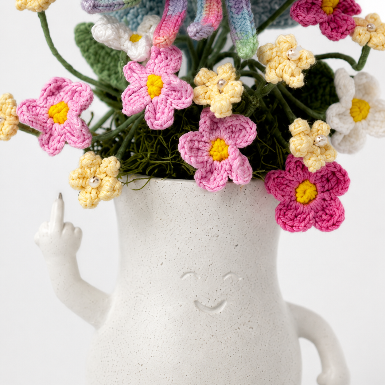 Hand-knitted Chrysanthemum Bouquet in White Ceramic Vase | Cute Home Decoration | Knitted Flower Arrangement Gift